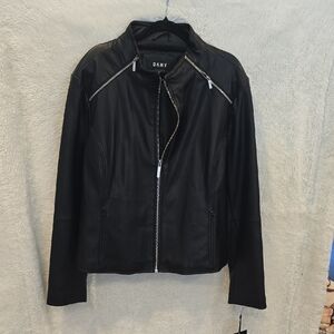 DKNY Black Leather Moto Jacket with Fitted Silhouette